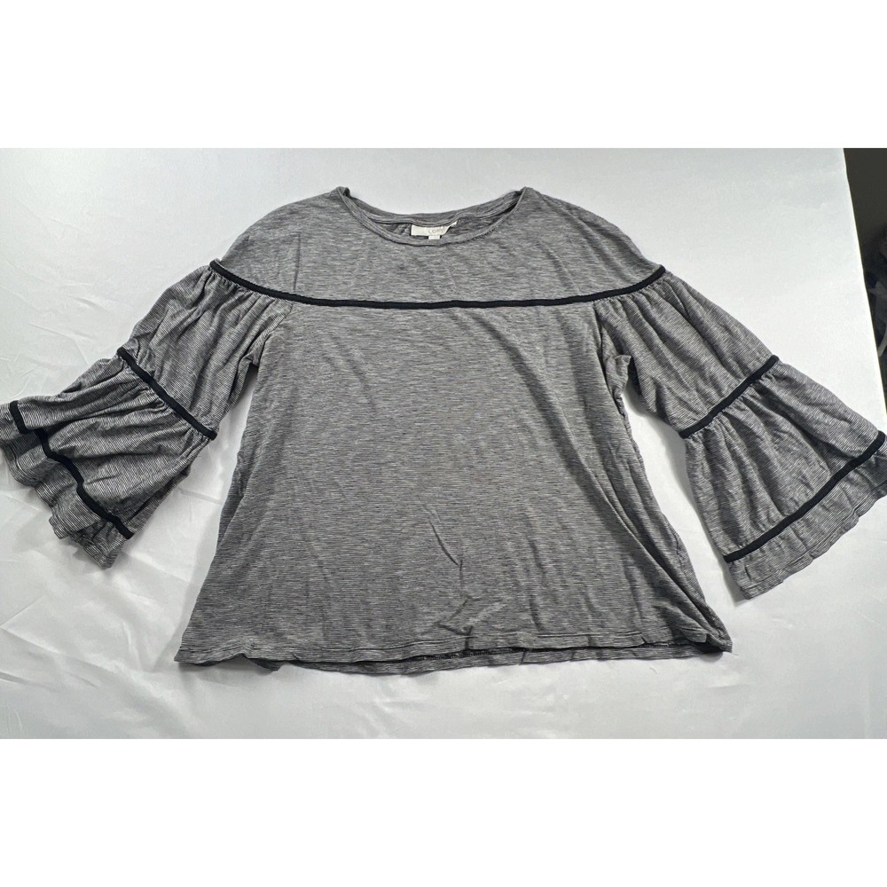 LOFT Women's Large Gray Striped Cotton Jersey Boho Bell-Sleeve Blouse